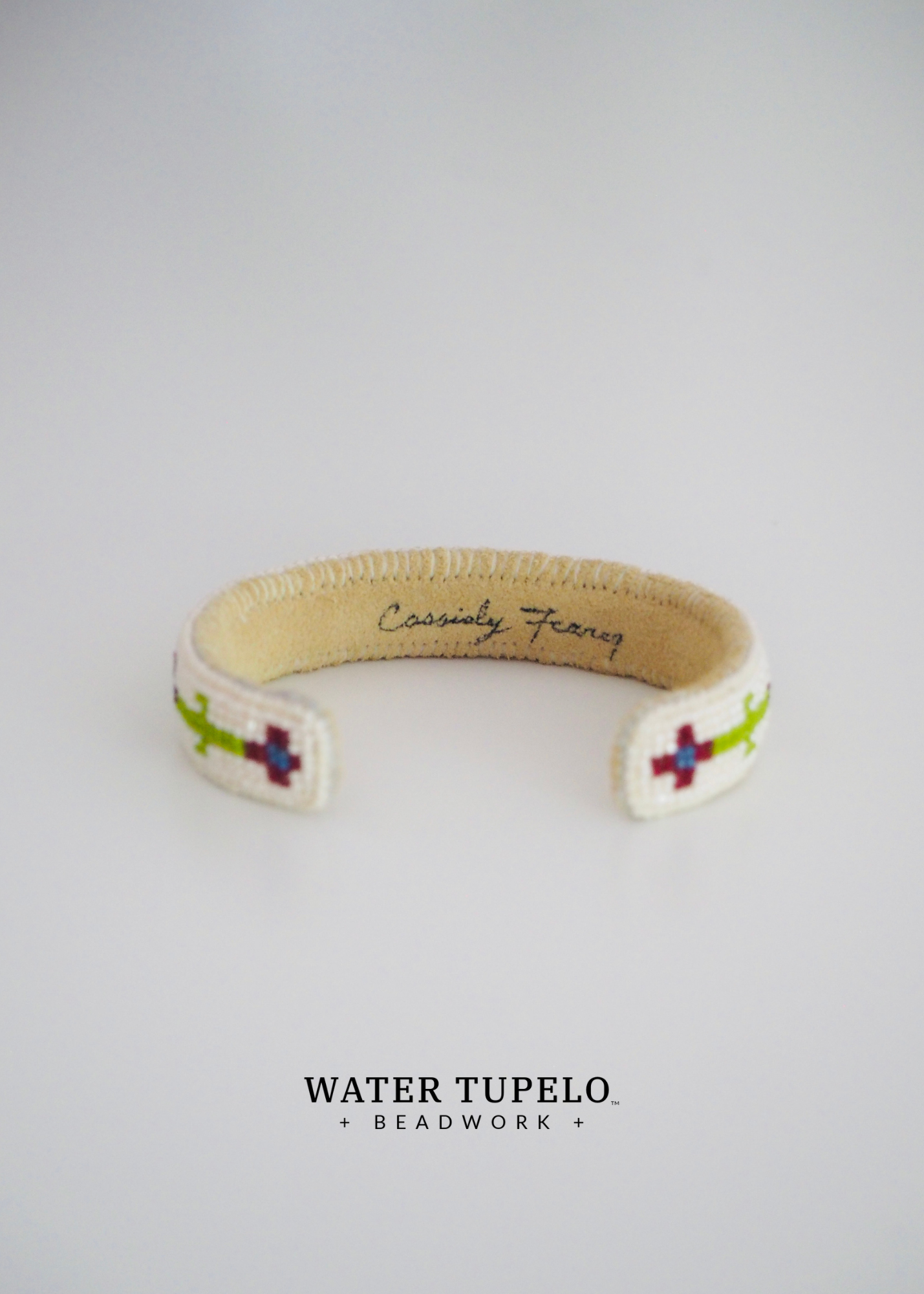 Beaded Cuff Bracelet - Four Direction Flower - Olive Green & Garnet Red
