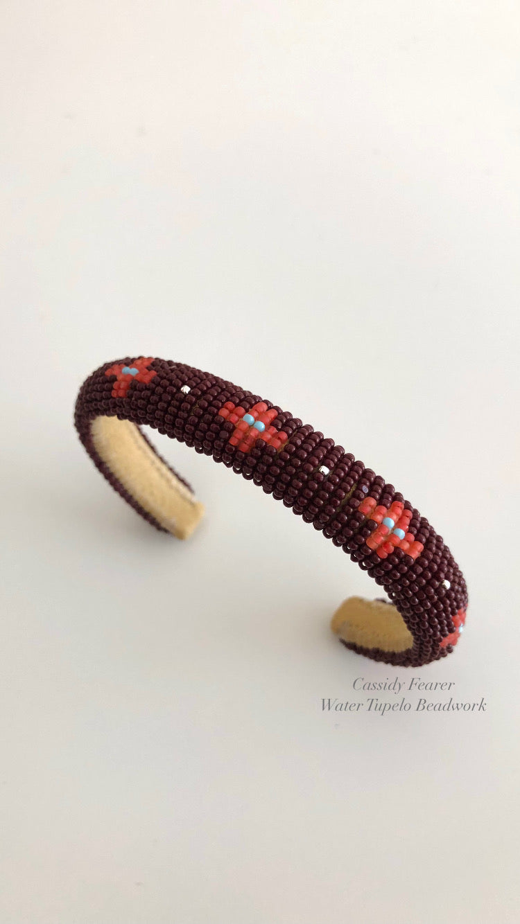 Beaded Cuff Bracelet - Four Directions - Dark brown