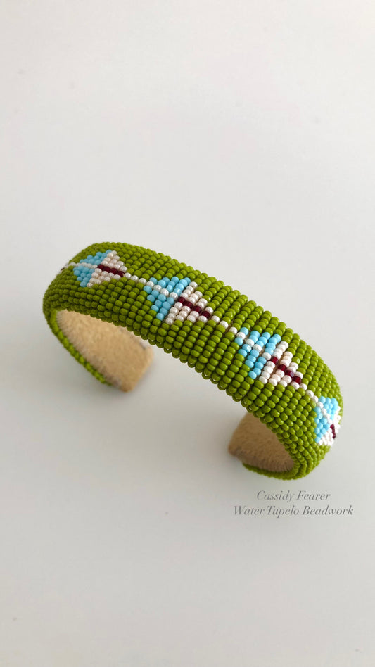 Beaded Cuff Bracelet - Deer Tracks - Olive Green