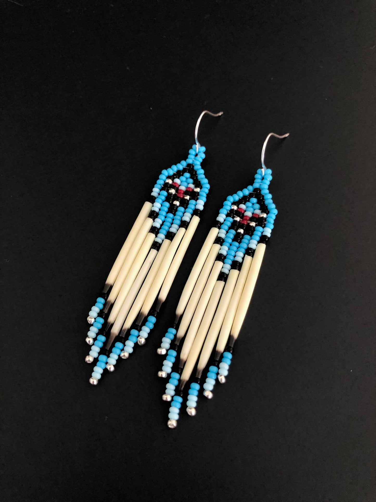 Porcupine Quill Earrings - Light Turquoise Blue & Dark Red