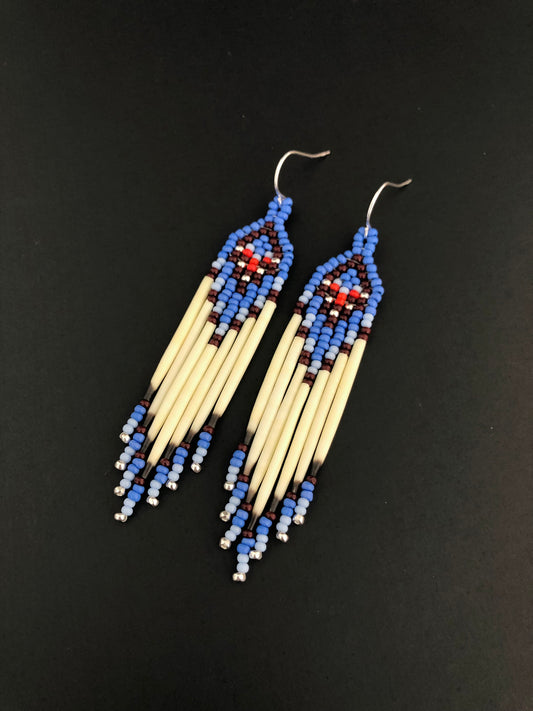 Porcupine Quill Earrings - Periwinkle & Coral Red