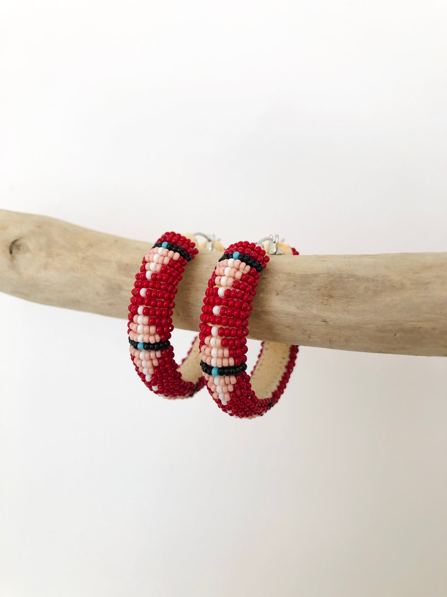 Beaded Hoop Earrings - Red & Cheyenne Pink