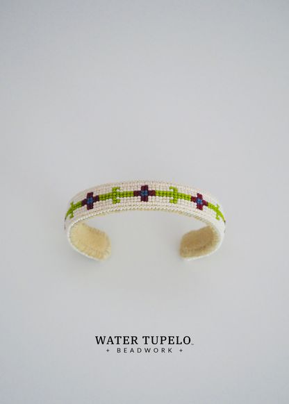 Beaded Cuff Bracelet - Four Direction Flower - Olive Green & Garnet Red