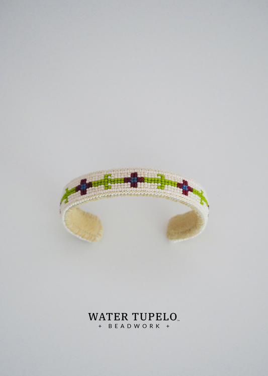 Beaded Cuff Bracelet - Four Direction Flower - Olive Green & Garnet Red