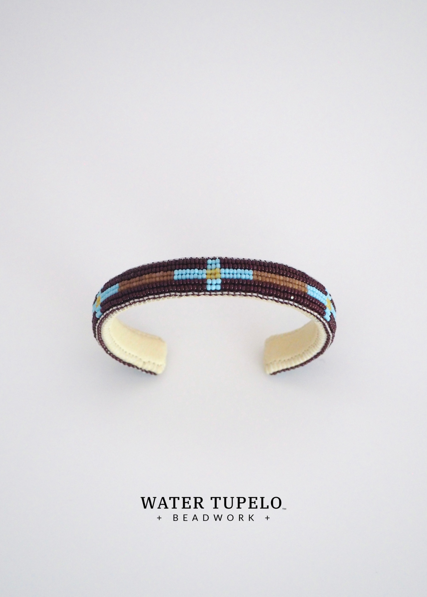 Beaded Cuff Bracelet - Four Directions - Dark Brown & Sky Blue