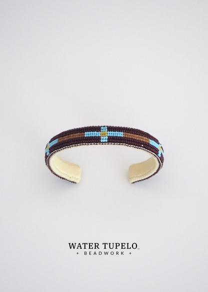 Beaded Cuff Bracelet - Four Directions - Dark Brown & Sky Blue