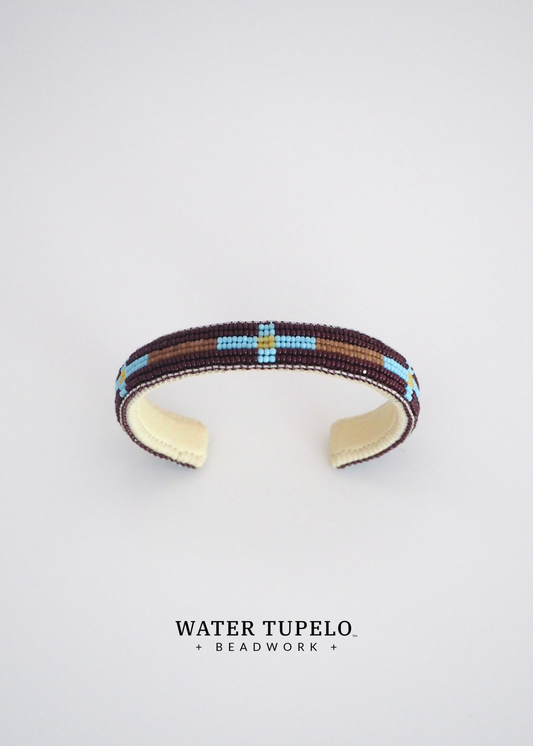 Beaded Cuff Bracelet - Four Directions - Dark Brown & Sky Blue