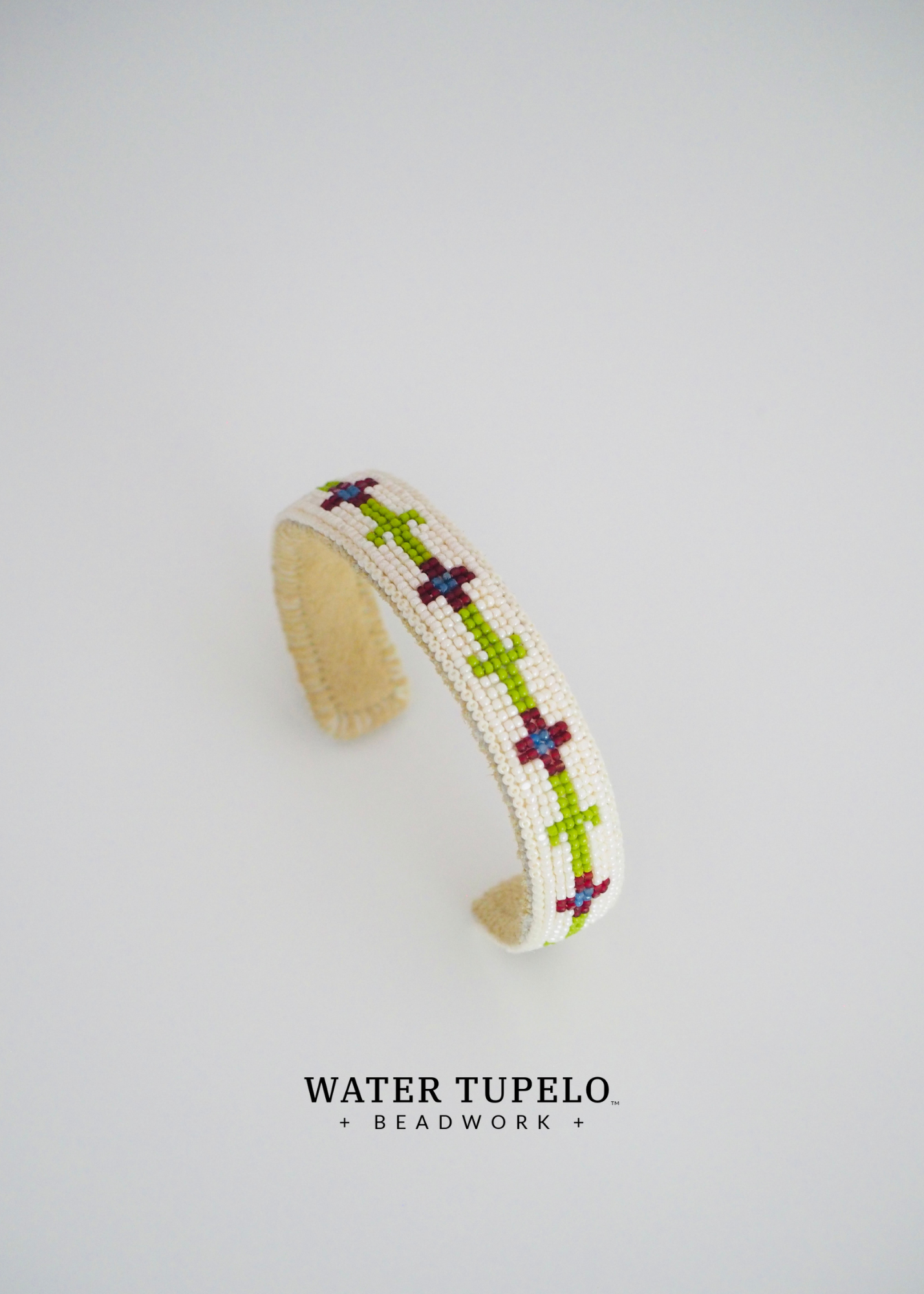 Beaded Cuff Bracelet - Four Direction Flower - Olive Green & Garnet Red