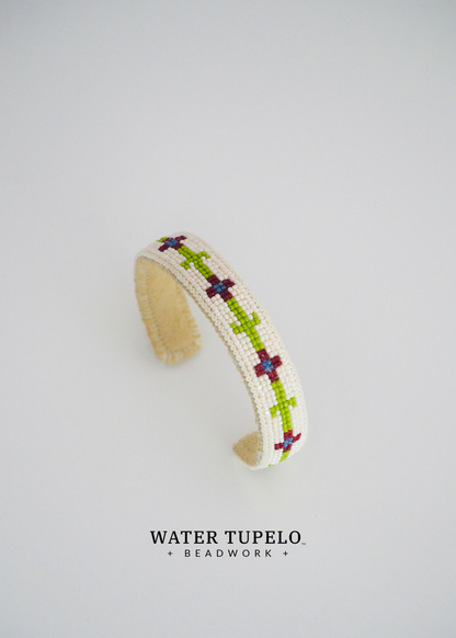 Beaded Cuff Bracelet - Four Direction Flower - Olive Green & Garnet Red