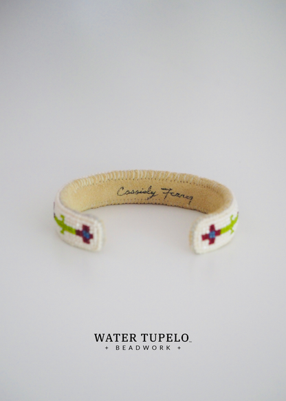 Beaded Cuff Bracelet - Four Direction Flower - Olive Green & Garnet Red