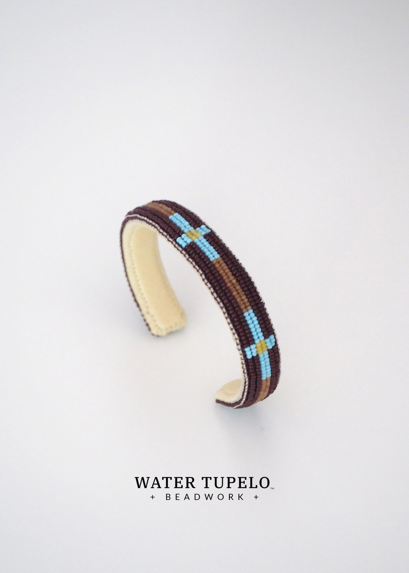 Beaded Cuff Bracelet - Four Directions - Dark Brown & Sky Blue