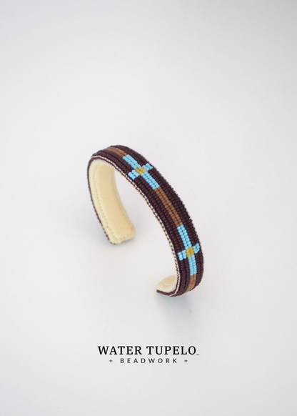 Beaded Cuff Bracelet - Four Directions - Dark Brown & Sky Blue