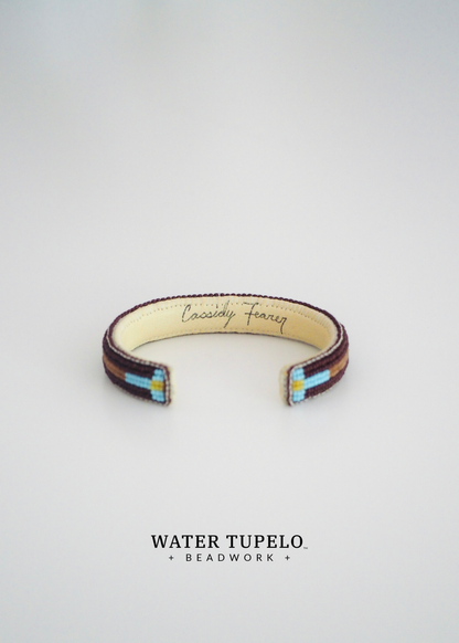Beaded Cuff Bracelet - Four Directions - Dark Brown & Sky Blue