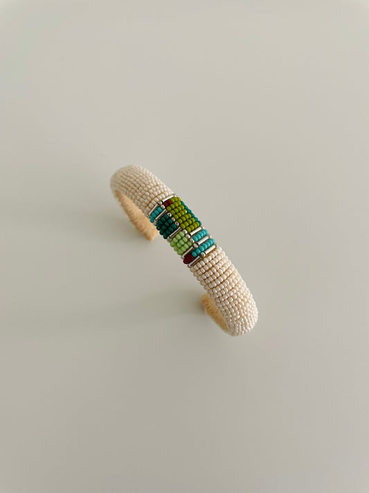 Beaded Cuff Bracelet - Off White & Sage