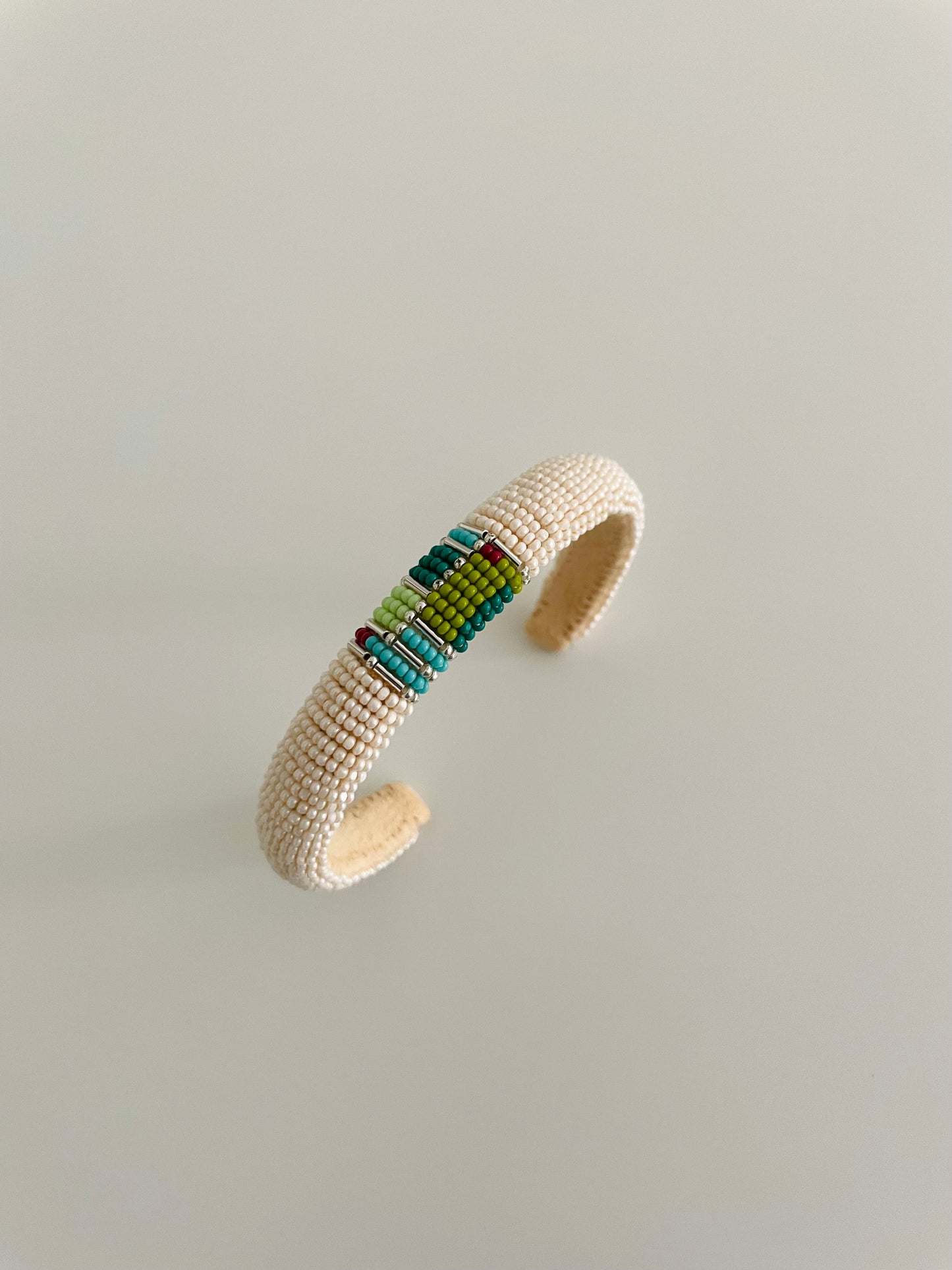 Beaded Cuff Bracelet - Off White & Sage