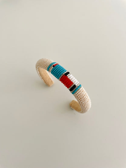 Beaded Cuff Bracelet - Off White & Coral Turquoise