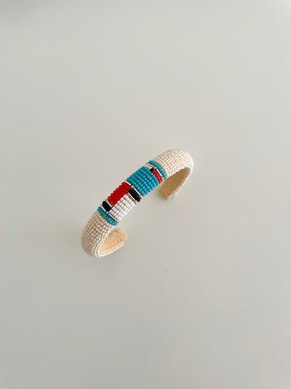 Beaded Cuff Bracelet - Off White & Coral Turquoise