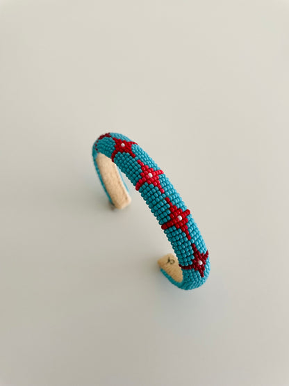 Beaded Cuff Bracelet - Five Stars - Turquoise & Ombre Red