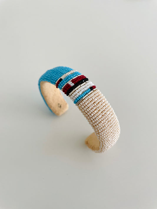 Beaded Cuff Bracelet - Turquoise & Off White Modern