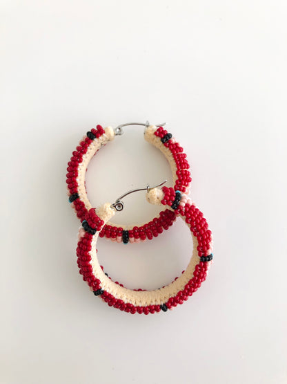 Beaded Hoop Earrings - Red & Cheyenne Pink