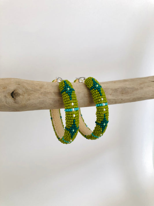 Beaded Hoop Earrings - Olive Green