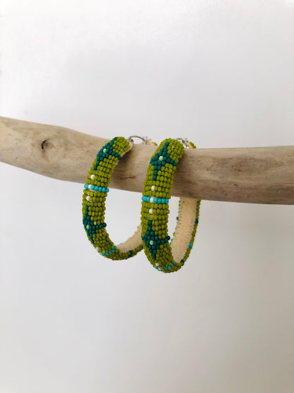 Beaded Hoop Earrings - Olive Green