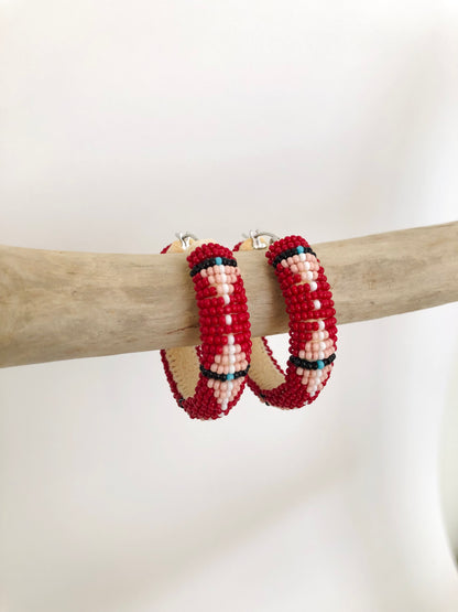 Beaded Hoop Earrings - Red & Cheyenne Pink
