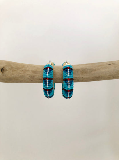 Beaded Hoop Earrings - Turquoise Blue 1 1/2"