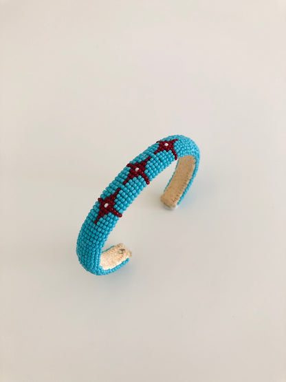 Beaded Cuff Bracelet - Three stars - Turquoise Blue & Red