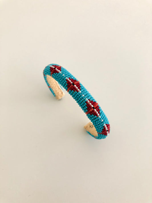 Beaded Cuff Bracelet - Turquoise Blue, Red & Dusty Rose