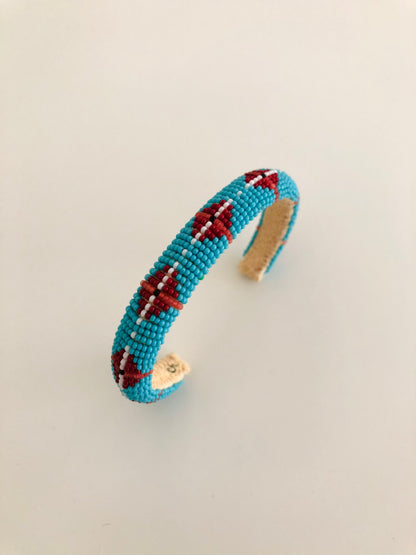 Beaded Cuff Bracelet - Turquoise Blue, Red & Dusty Rose