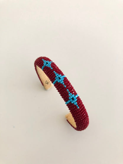 Beaded Cuff Bracelet - Three Stars - Dark Red & Turquoise