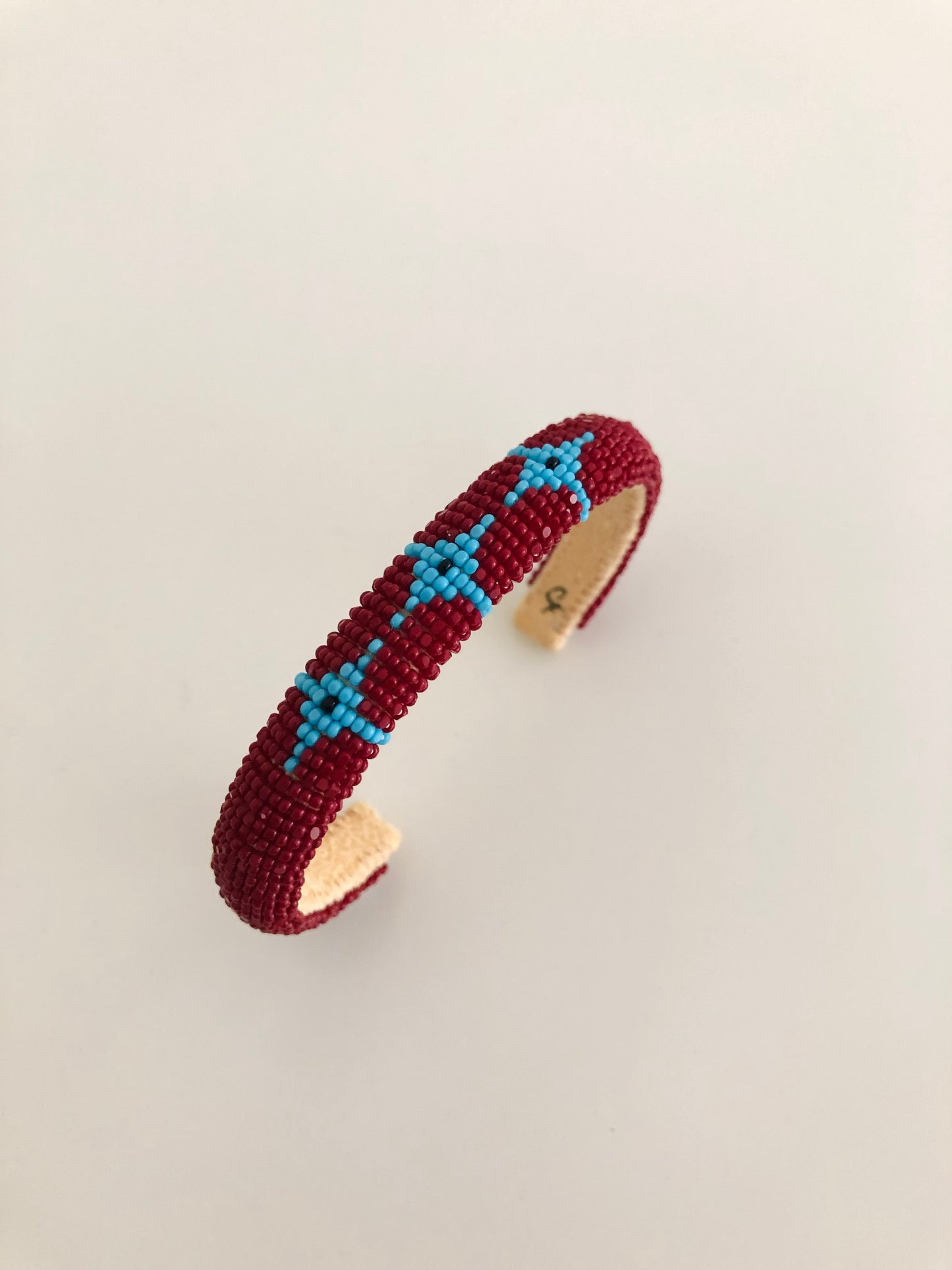 Beaded Cuff Bracelet - Three Stars - Dark Red & Turquoise