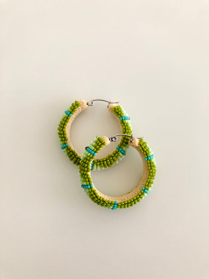 Beaded Hoop Earring - Olive & Light Green