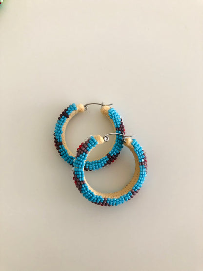 Beaded Hoop Earrings - Lt Turquoise Blue & Purple