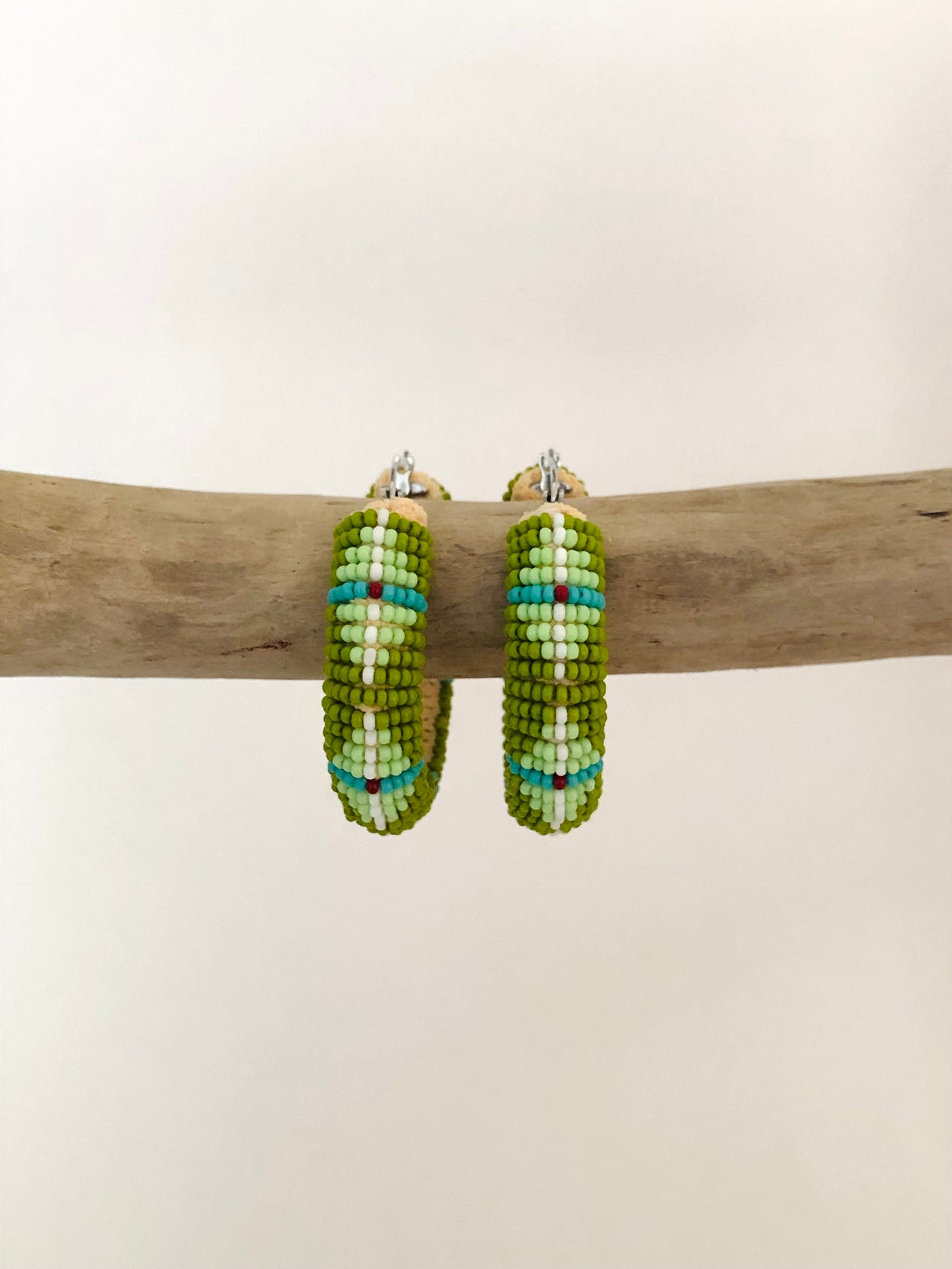 Beaded Hoop Earring - Olive & Light Green