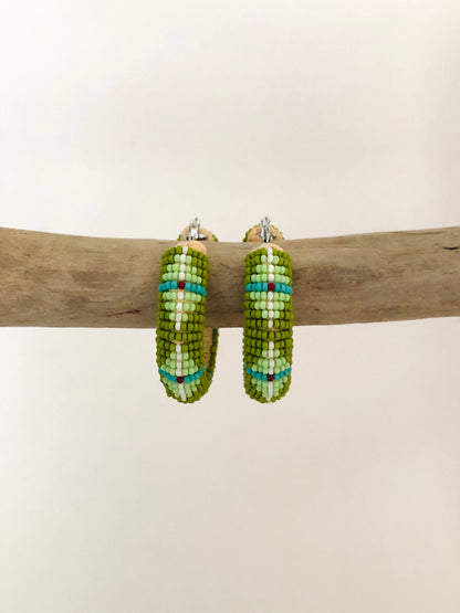 Beaded Hoop Earring - Olive & Light Green