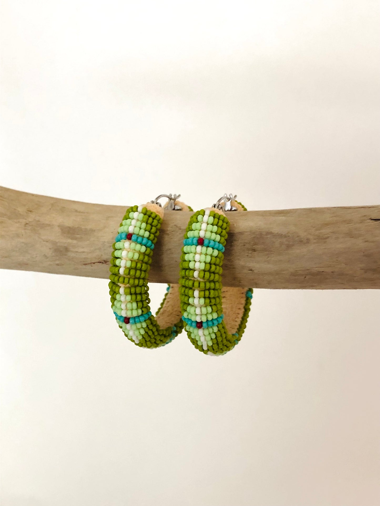 Beaded Hoop Earring - Olive & Light Green