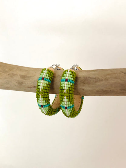 Beaded Hoop Earring - Olive & Light Green