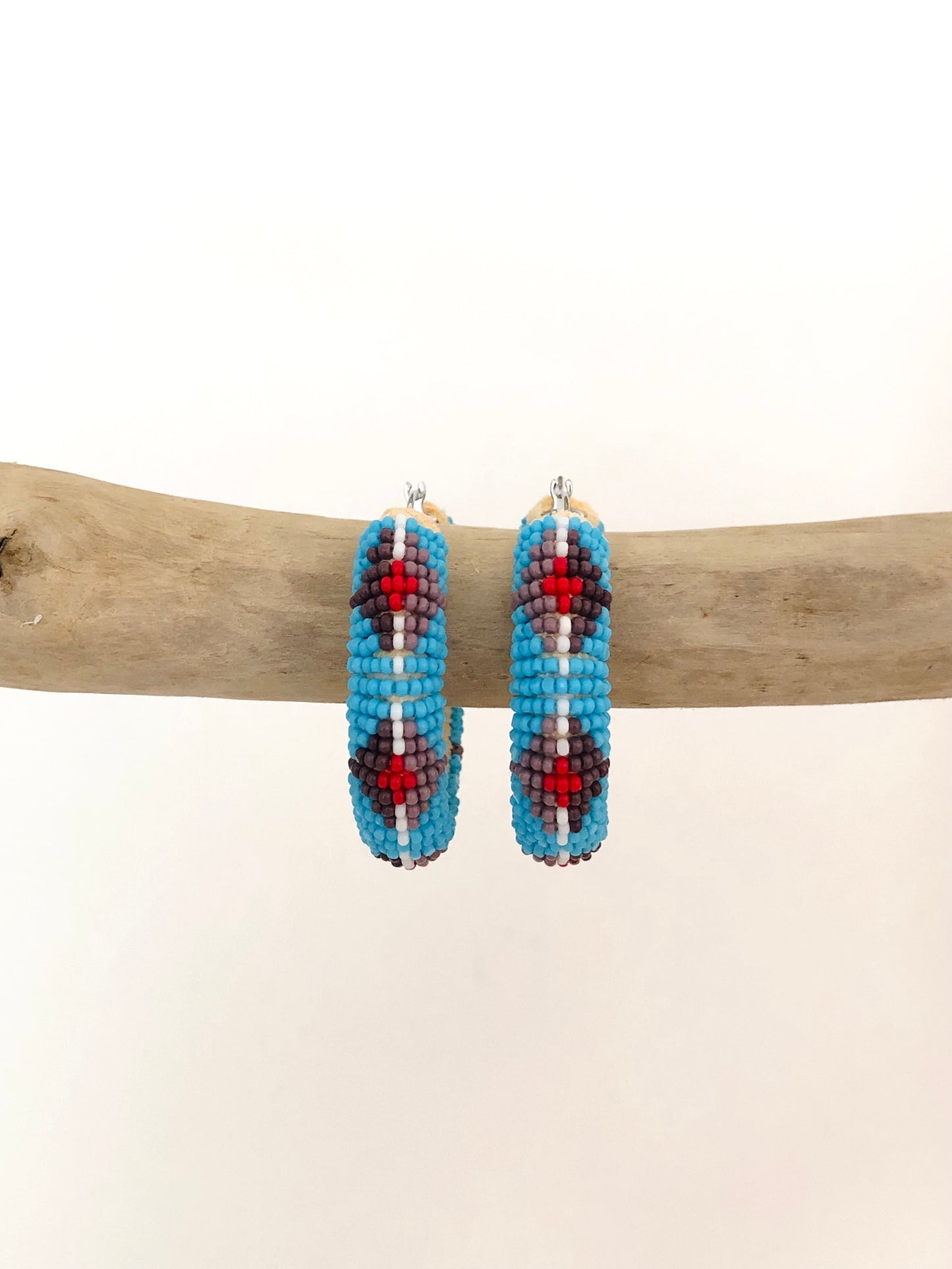 Beaded Hoop Earrings - Lt Turquoise Blue & Purple