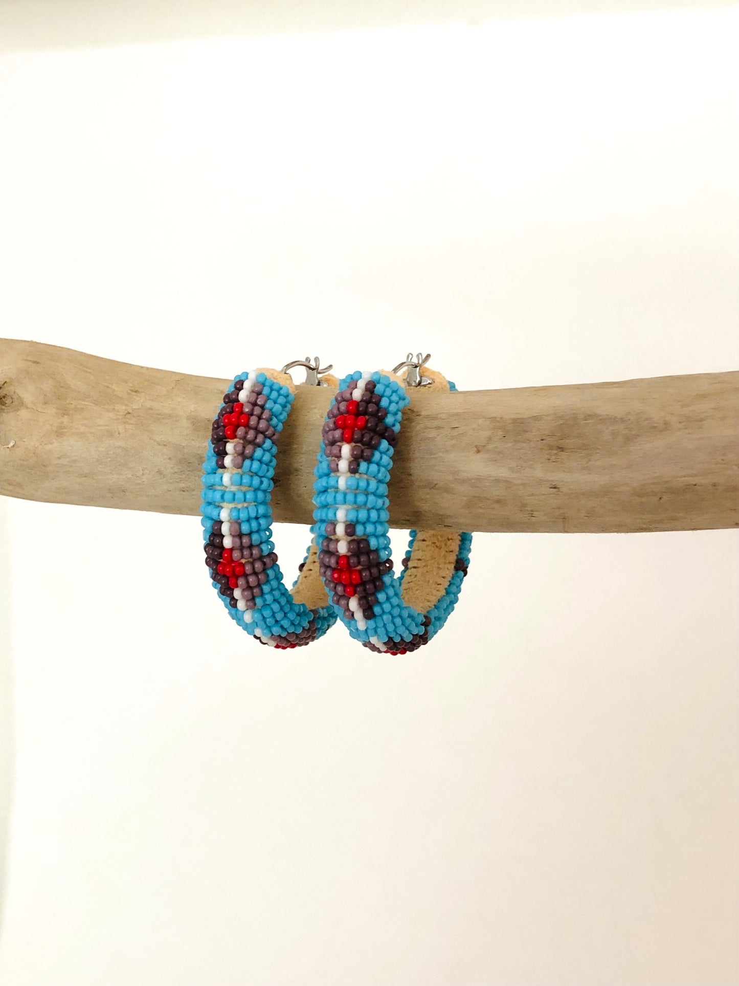 Beaded Hoop Earrings - Lt Turquoise Blue & Purple