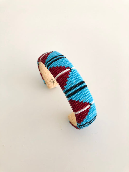 Beaded Cuff Bracelet - Light Blue & Red
