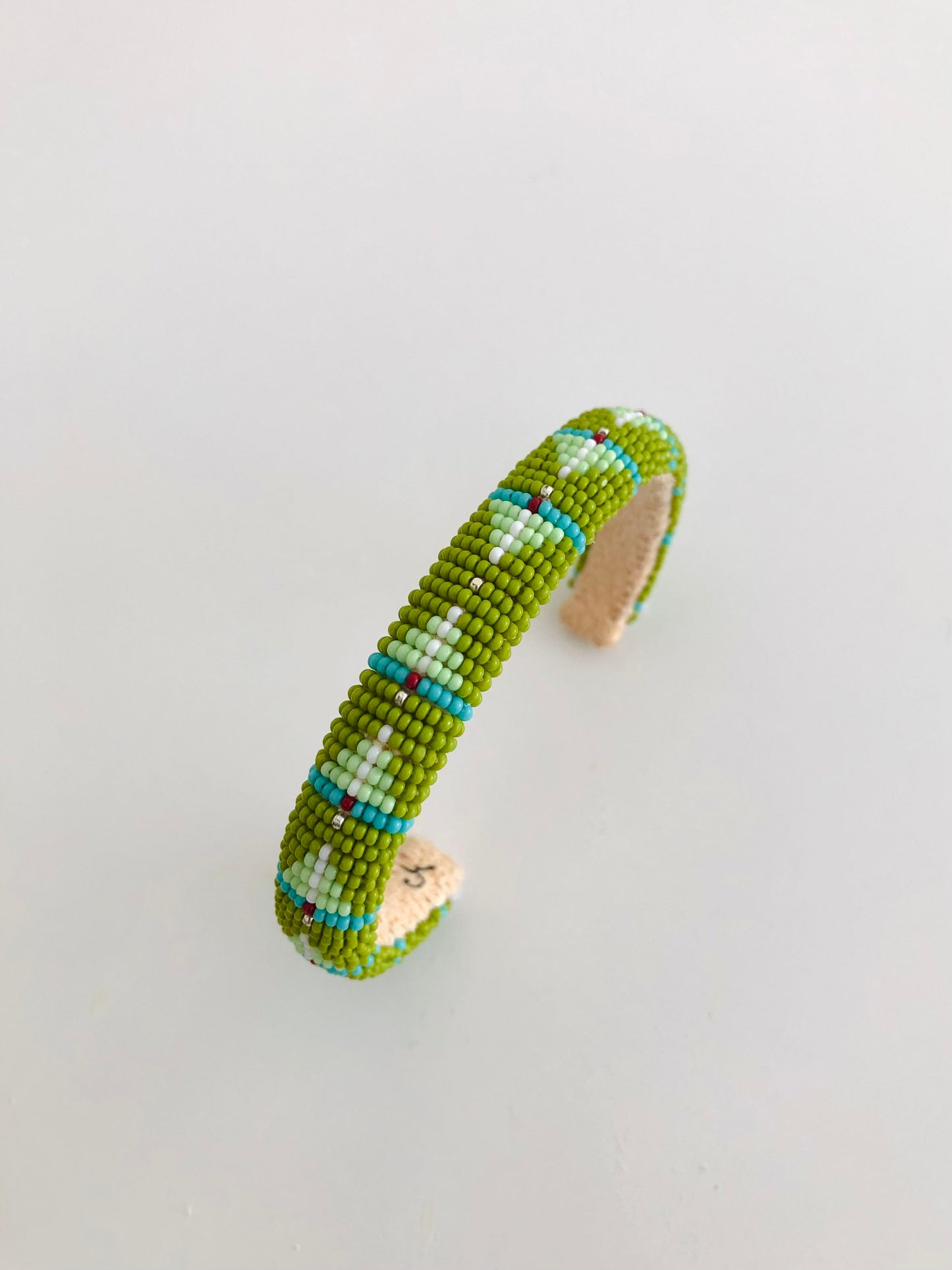 Beaded Cuff Bracelet - Olive Green & Silver