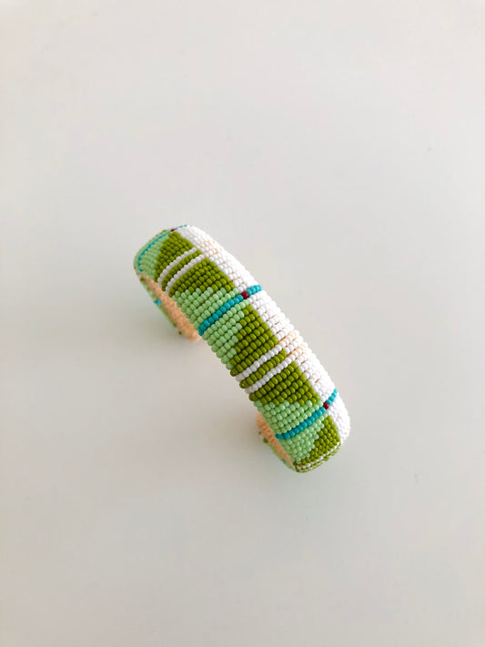 Beaded Cuff Bracelet - Olive Green & White