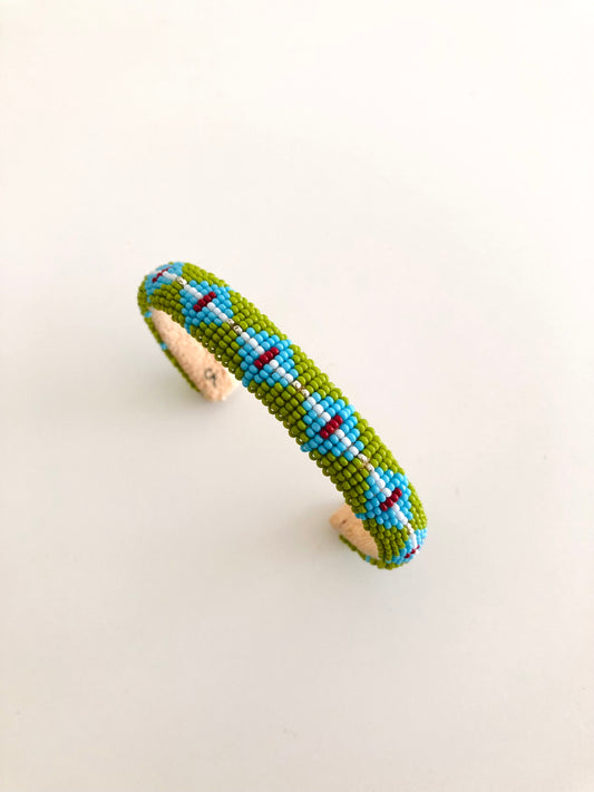 Beaded Cuff Bracelet - Olive Green & Light Blue