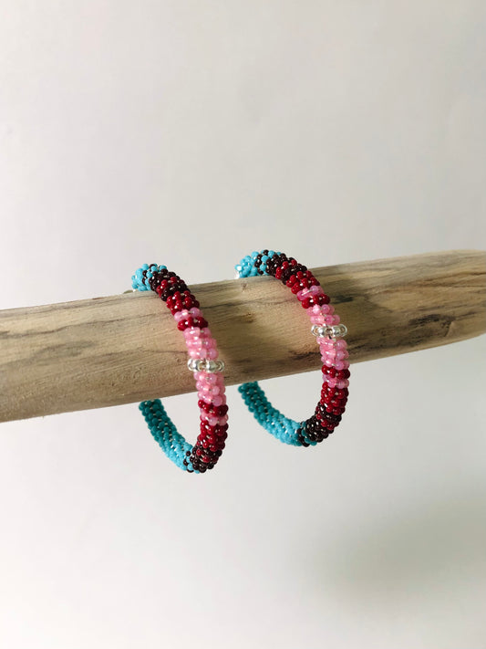 Beaded Hoop Earrings - Turquoise & Pink