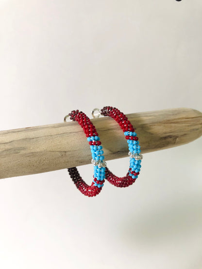 Beaded Hoop Earrings - Red & Turquoise