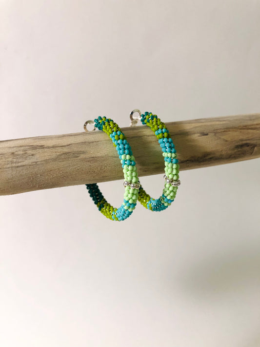 Beaded Hoop Earrings - Sage & Turquoise