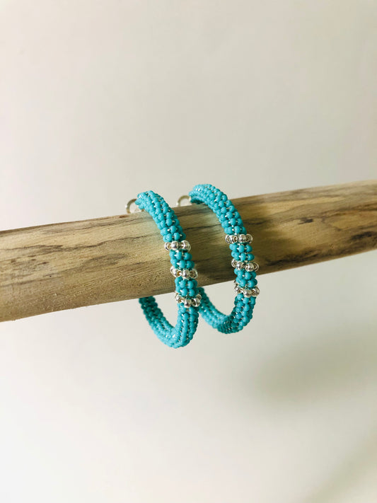 Beaded Hoop Earrings - Turquoise Green & Silver Stripes