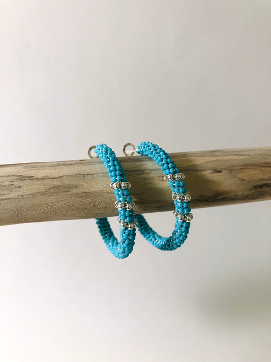 Beaded Hoop Earrings - Turquoise Blue & Silver Stripes